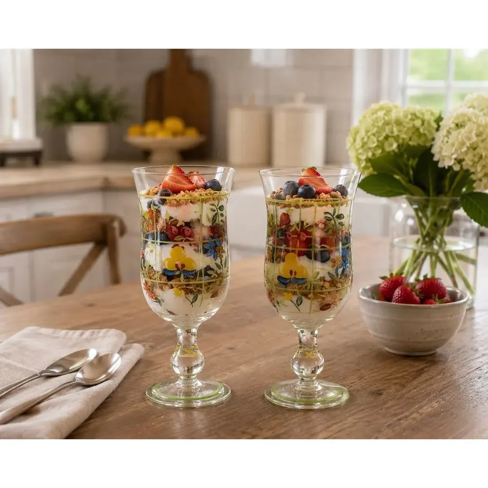 Tracy Porter Vintage Set of 2 Handpainted Floral Stemmed Wine/ Water Glasses